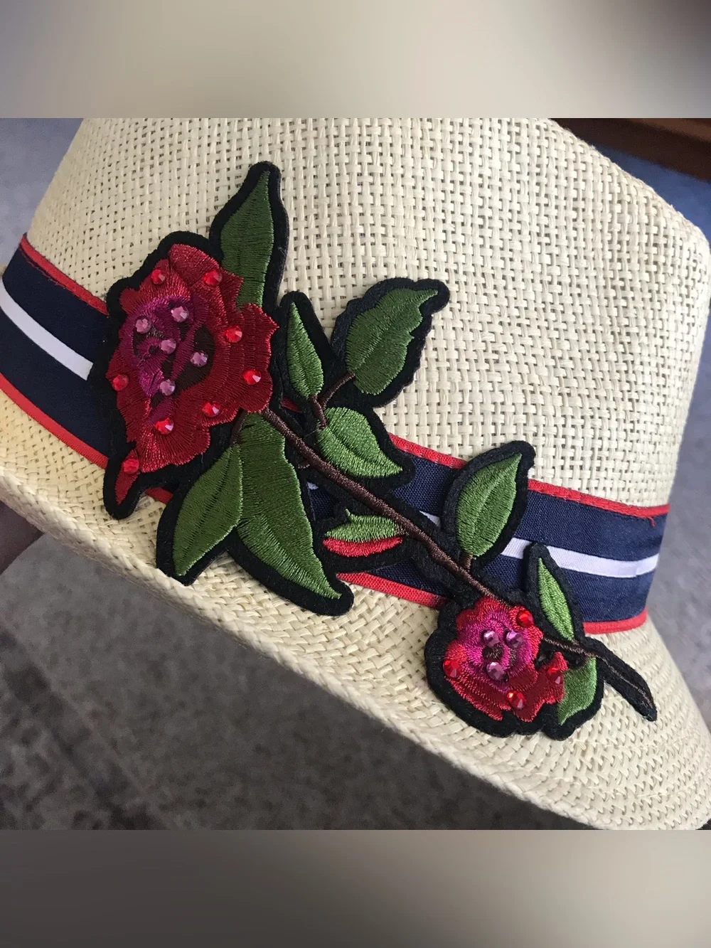 OOAK Upcycled Fedora Hat Jeweled Red Rose Floral Paper Straw Unisex Large 23”